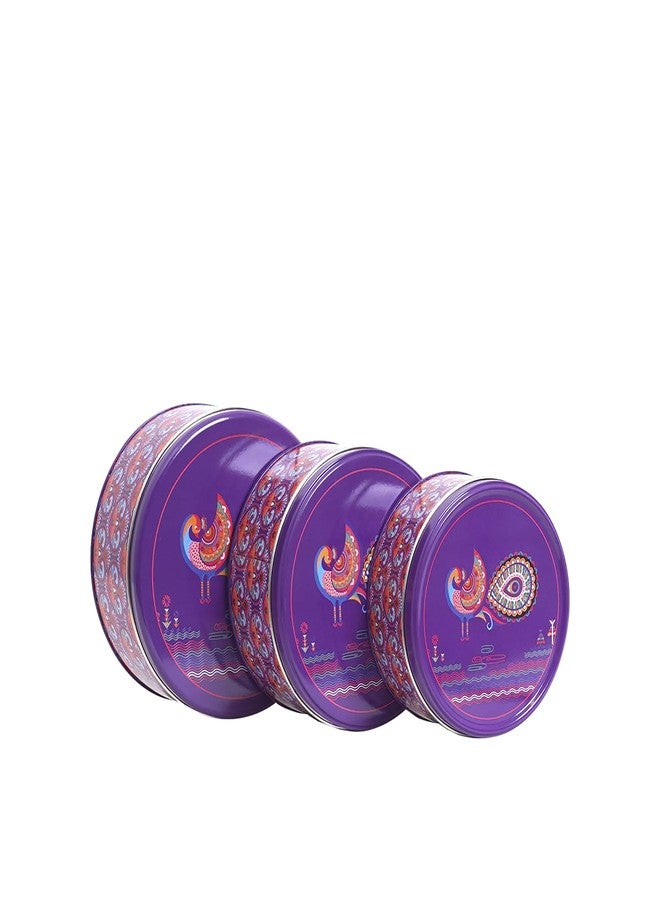GLISTENDECOR Circular Tin Storage Box | Airtight Metal Containers for Cookies, Biscuits | Multipurpose Kitchen Organizer for Beads, Buttons & Essentials | Durable & Decorative - Pack of 3 (Purple) - Image 2